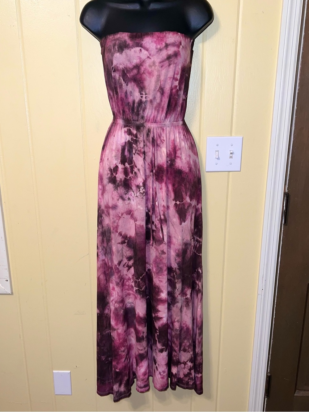 Handmade Geode Tie-Dye Pink Plum Strapless Flowy Boho Maxi Dress Rayon Size S